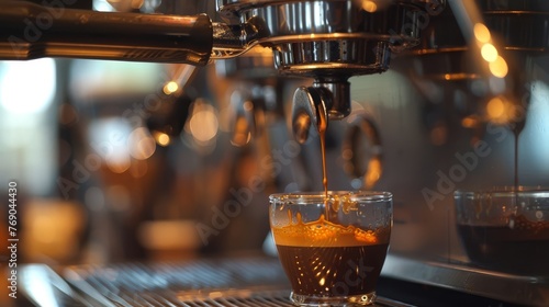 Espresso shot being extracted from a coffee machine, highlighting the beauty of coffee making, suitable for café culture and culinary content.