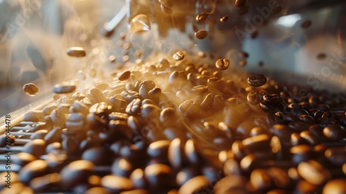 Sunlit steam rises from roasted coffee beans tumbling from a roaster, perfect for culinary and retail themes, evoking fresh quality in food and beverage.