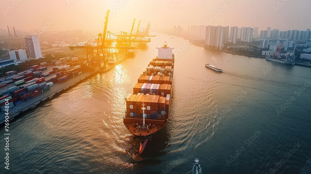Container ship in export and import business and logistics. Shipping cargo to harbor by crane. Water transport International. Container ship in export and import business and logistics. Shipping cargo to harbor by crane. Water transport International.