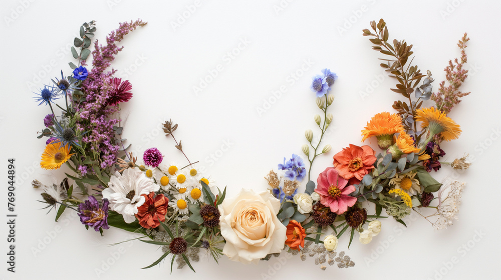 A photograph shows an arrangement of dried flowers and greenery shaped in a circle on a white background, with one small rose placed at its center, AI generated