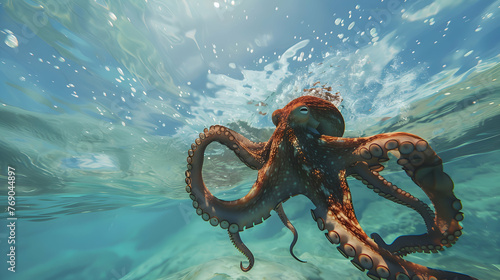 Octopus gliding through the clear waters of the ocean photo