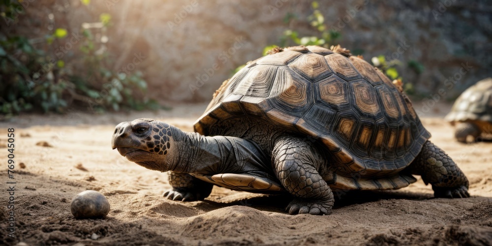 A close-up turtle on dirt ground with ball in foreground and trees in back A close-up turtle on dirt ground with ball in foreground and trees in back