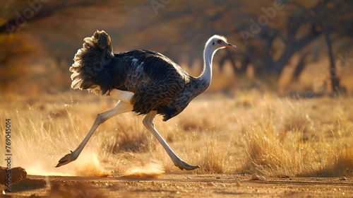 Ostrich sprinting across the arid African savanna photo