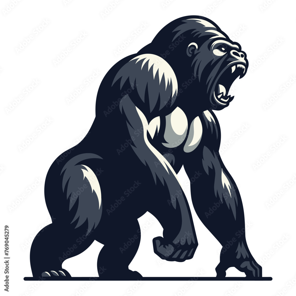 Wild angry gorilla full body design illustration, roaring strong big ape concept, primate animal zoology element illustration, vector template isolated on white background