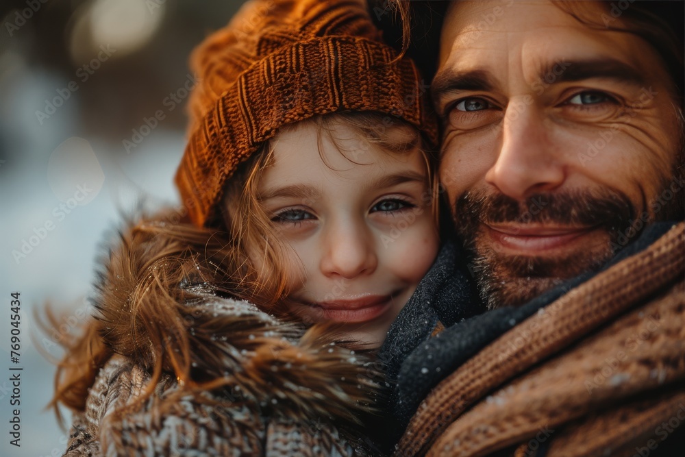A heartwarming portrait of a father embracing his daughter during winter A heartwarming portrait of a father embracing his daughter during winter