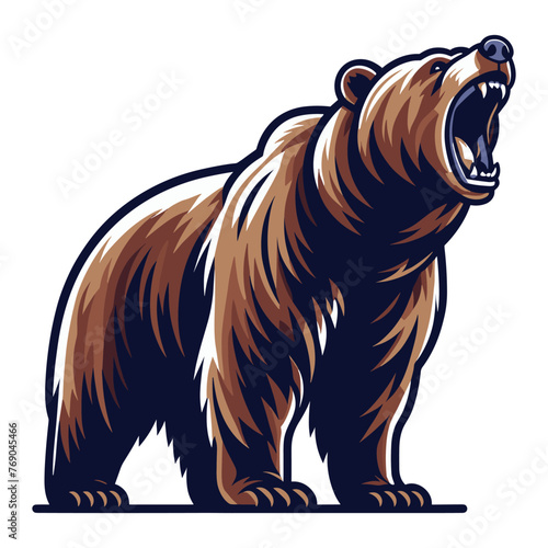 Roaring grizzly bear full body vector illustration, wild beast brown bear, animal predator zoology element illustration, design template isolated on white background