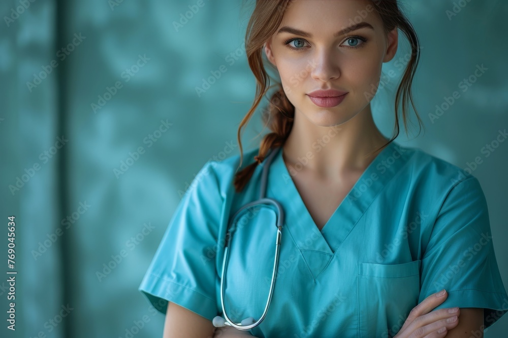 A poised medical professional, with arms folded, poses in a teal scrub uniform with a stethoscope A poised medical professional, with arms folded, poses in a teal scrub uniform with a stethoscope