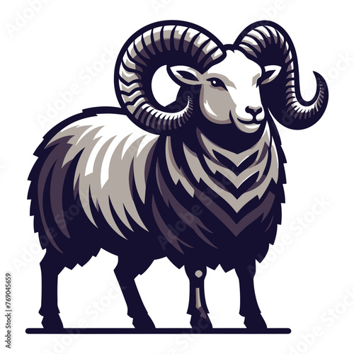 Bighorn horned ram sheep full body vector illustration, farm pet, animal livestock, butchery meat shop element, agriculture concept, design isolated on white background photo