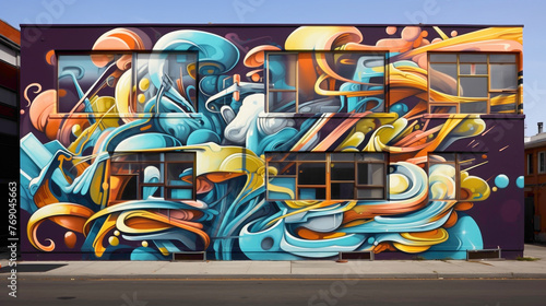 Graffiti-style lettering emerges from a tapestry of abstract shapes  creating a visually striking mural that transforms the urban landscape into an immersive gallery of street art.