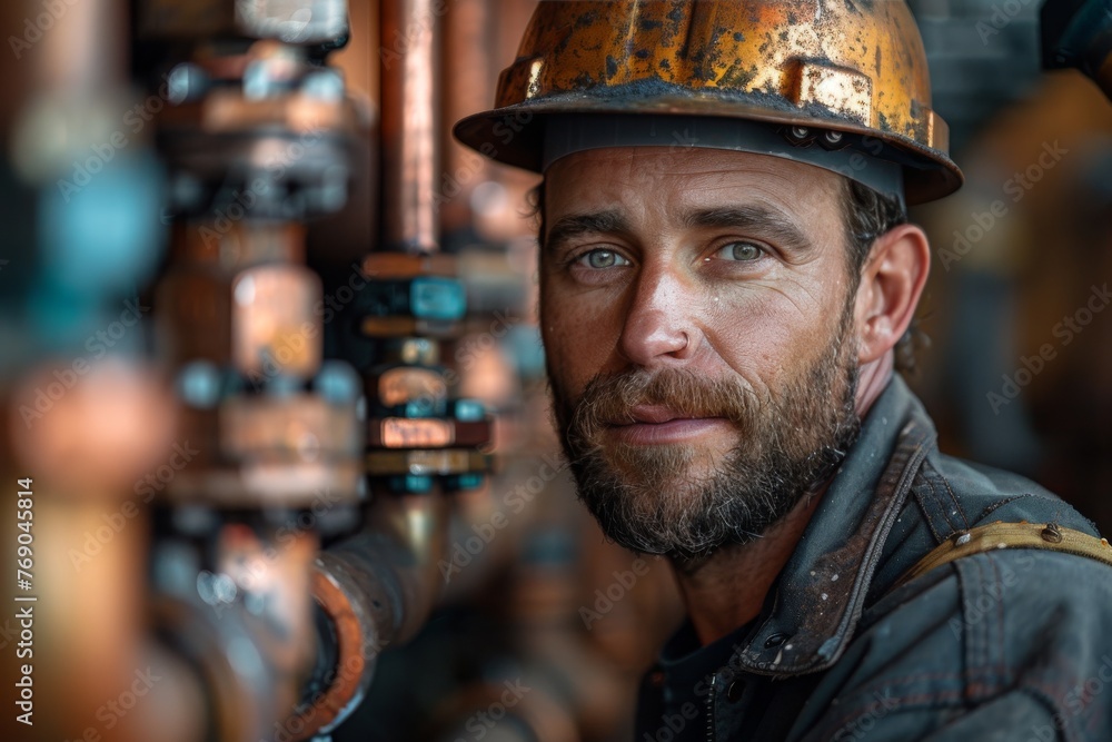 Miner with piercing gaze looks aside, surrounded by industrial valves Miner with piercing gaze looks aside, surrounded by industrial valves