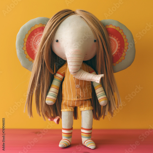 An elephant puppet with long brown hair and striped shorts, AI generated photo