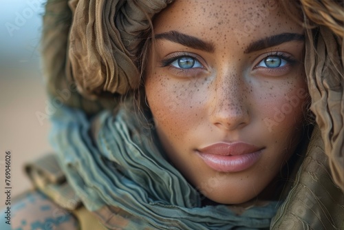 Enchanting close-up portrait of a female soldier with turquoise eyes, with a scarf and tactical gear, conveying strength photo