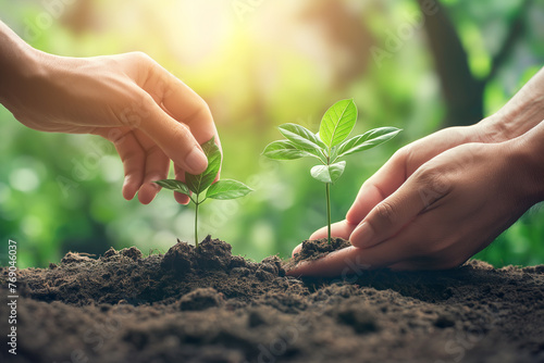 Hands planting a young green plant on fertile soil with sunlight background