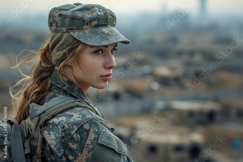 Soldier looking over shoulder with a blurred field backdrop