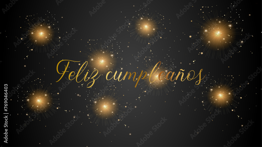 tarjeta o pancarta para desear un feliz cumpleaños en oro sobre fondo negro con estrellas y brillo dorado