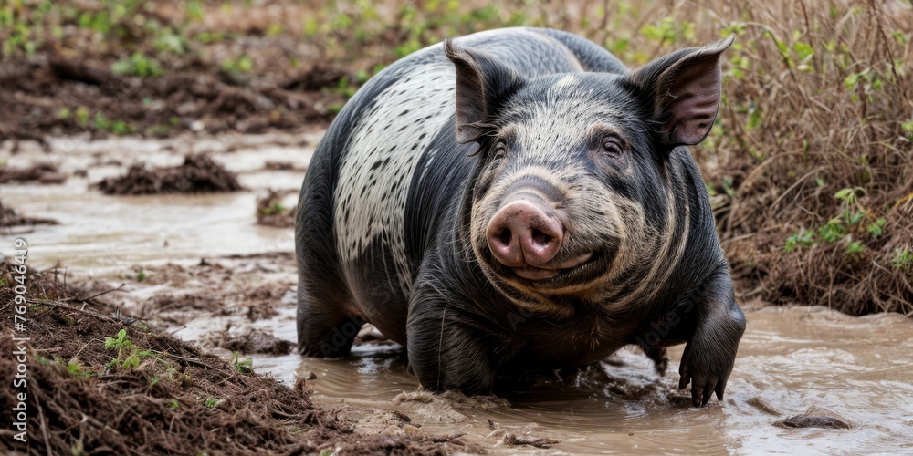 A black and white pig stands in mud next to grass and a body of water covered in mud A black and white pig stands in mud next to grass and a body of water covered in mud
