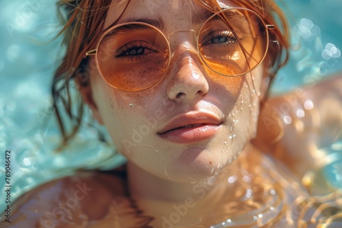 A close-up of a girl with wet hair wearing orange tinted sunglasses, looking at the camera in a pool photo