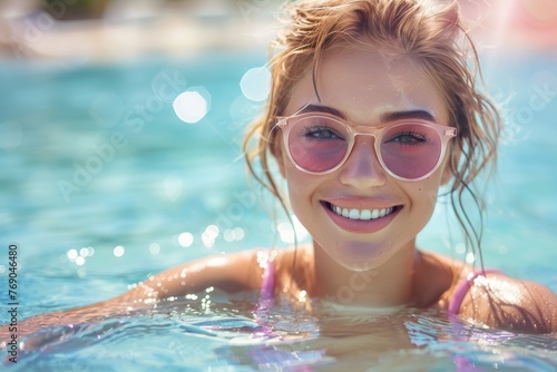 A smiling young woman with wet hair and pink sunglasses, portrait in shimmering pool water © LifeMedia