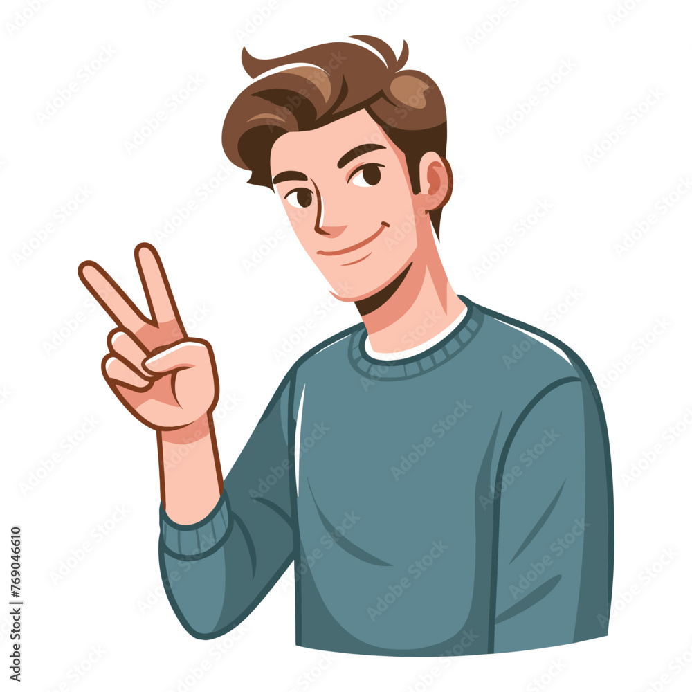 Man showing peace sign vector illustration, happy male gesturing peace victory sign with hand, gladness, joyfulness, positive emotion design template isolated on white background