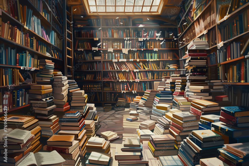 A large bookcase filled with books of various sizes and colors. The books are arranged in rows, with some books stacked on top of each other. The bookcase is made of wood and has a warm, inviting feel A large bookcase filled with books of various sizes and colors. The books are arranged in rows, with some books stacked on top of each other. The bookcase is made of wood and has a warm, inviting feel