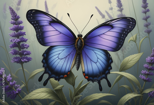 Drawing of purple butterfly with lavender flower