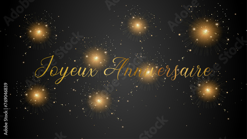 carte ou bandeau pour souhaiter un joyeux anniversaire en or sur un fond noir avec des étoiles et des paillettes de couleur or