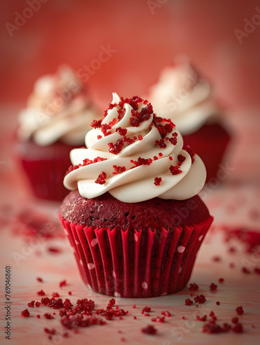 A delicious red velvet cupcake with creamy frosting is a perfect sweet treat for any celebration