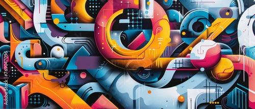 Graffiti-style lettering takes center stage in a dynamic street art mural  surrounded by fluid abstract shapes that add depth and movement to the urban scenery.