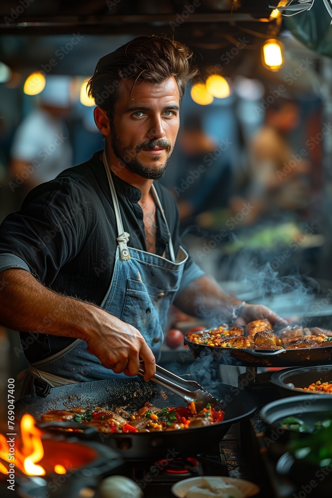 Man in blue apron cooks in your kitchen, demonstrating culinary expertise and passion for food. Man in blue apron cooks in your kitchen, demonstrating culinary expertise and passion for food.