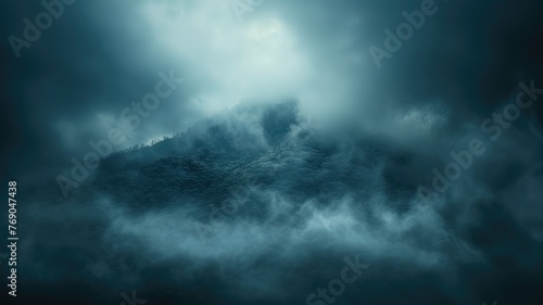 Eerie blue fog engulfing a dark forested mountain - A mysterious and moody image of dense fog rolling over a forested mountain under moonlight