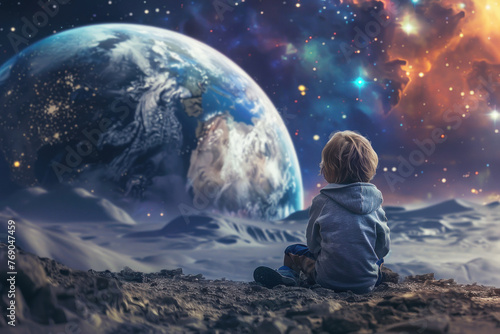 Child sitting on a foreign planet gazing at Earth in space