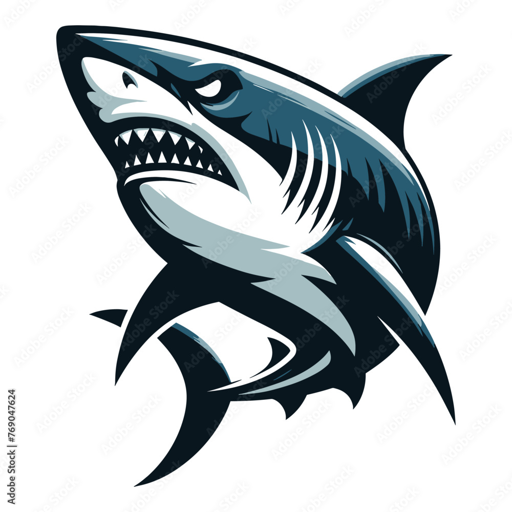 Naklejka premium Angry wild great white shark design illustration, marine predator animal element illustration, swimming toothy shark vector template isolated on white background