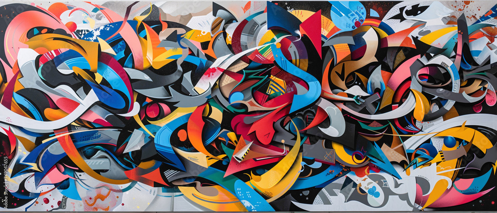 Graffiti-style lettering weaves through elaborate abstract motifs, forming a mesmerizing street art display that captivates the senses and transforms the cityscape.
