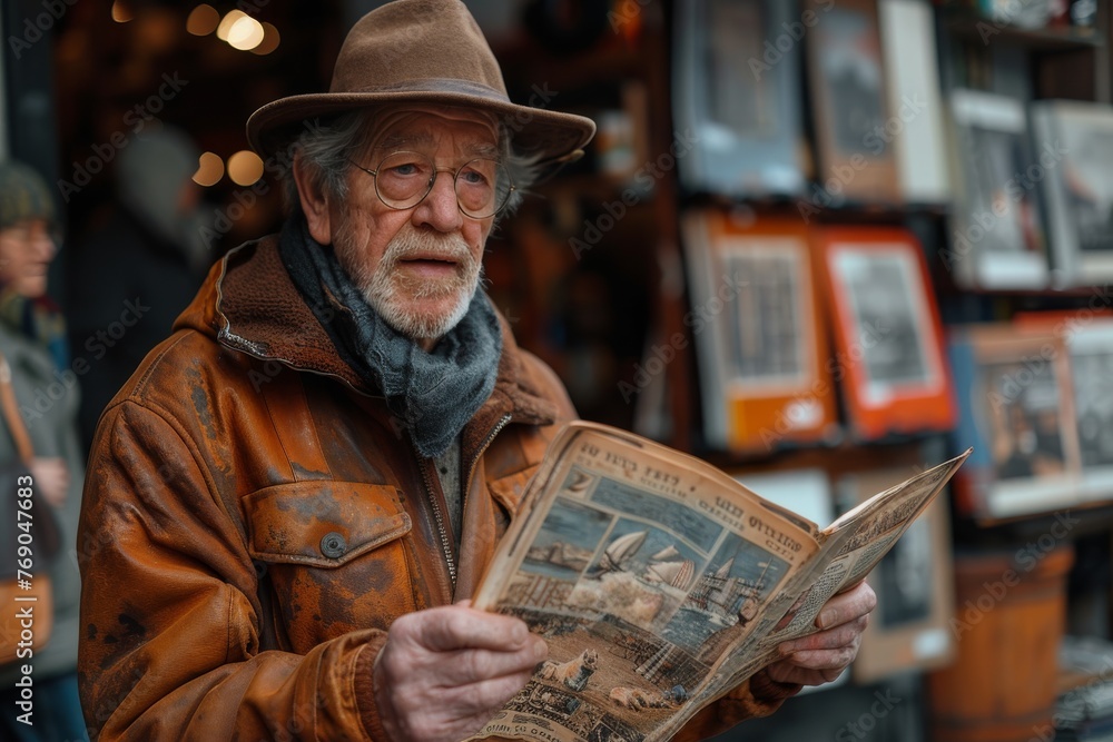 An elderly man with a beard and glasses reading a newspaper outdoors An elderly man with a beard and glasses reading a newspaper outdoors