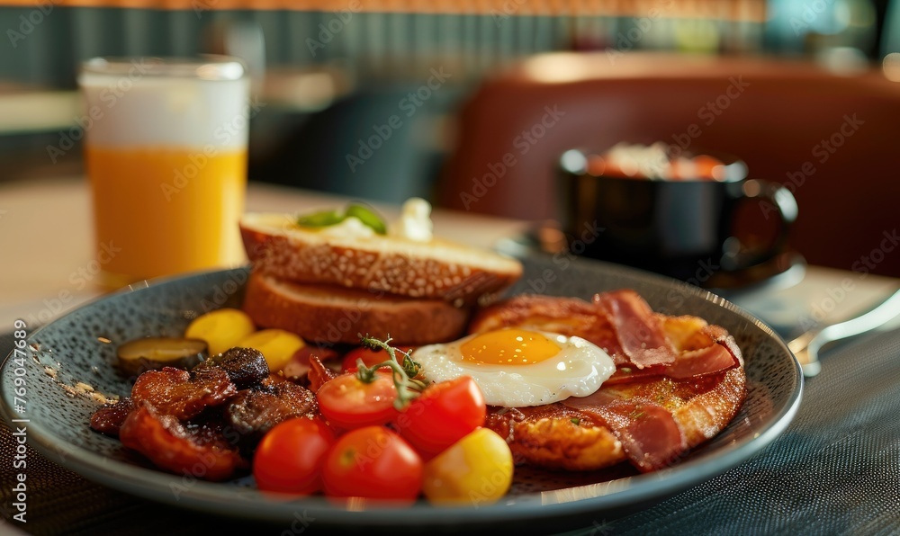 Hearty breakfast with bacon and coffee - Full breakfast spread with bacon strips, sunny-side up egg, and coffee suggesting an energizing start to the day Hearty breakfast with bacon and coffee - Full breakfast spread with bacon strips, sunny-side up egg, and coffee suggesting an energizing start to the day