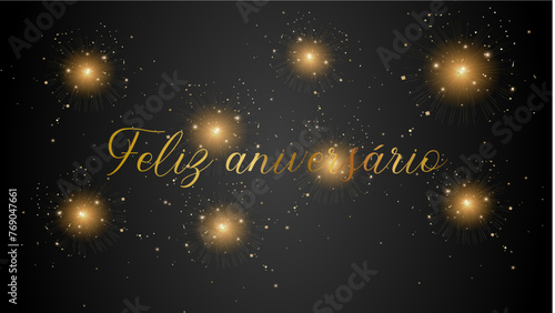 cartão ou banner para desejar feliz aniversário em ouro sobre fundo preto com estrelas e glitter dourado