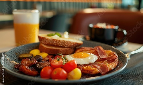 Hearty breakfast with bacon and coffee - Full breakfast spread with bacon strips, sunny-side up egg, and coffee suggesting an energizing start to the day