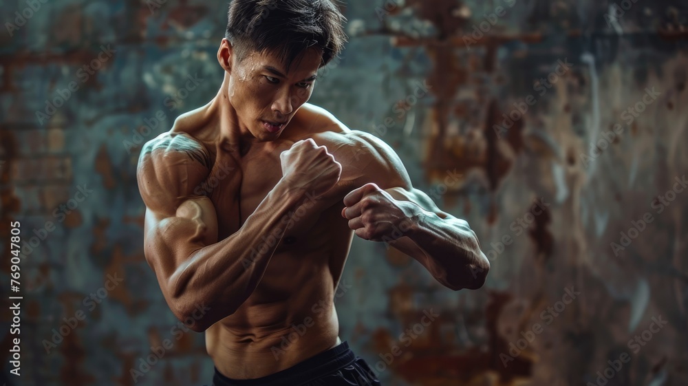 Muscular man flexing biceps in gritty gym - A powerful muscular man with well-defined biceps and triceps in a gritty, vintage-style gym setting, exhibit of strength and fitness lifestyle