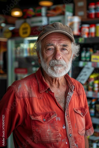 Masculine charm exudes from an elder gentleman in a vibrant red shirt, amidst summer supermarket aisles