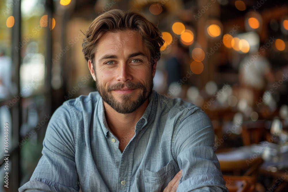 Confident man casually posing in a restaurant with a cozy, inviting atmosphere Confident man casually posing in a restaurant with a cozy, inviting atmosphere