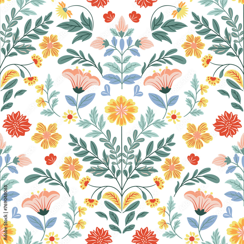Seamless pattern with folk art design elements. Folk vector illustration with flowers on white background. Scandinavian traditional motif