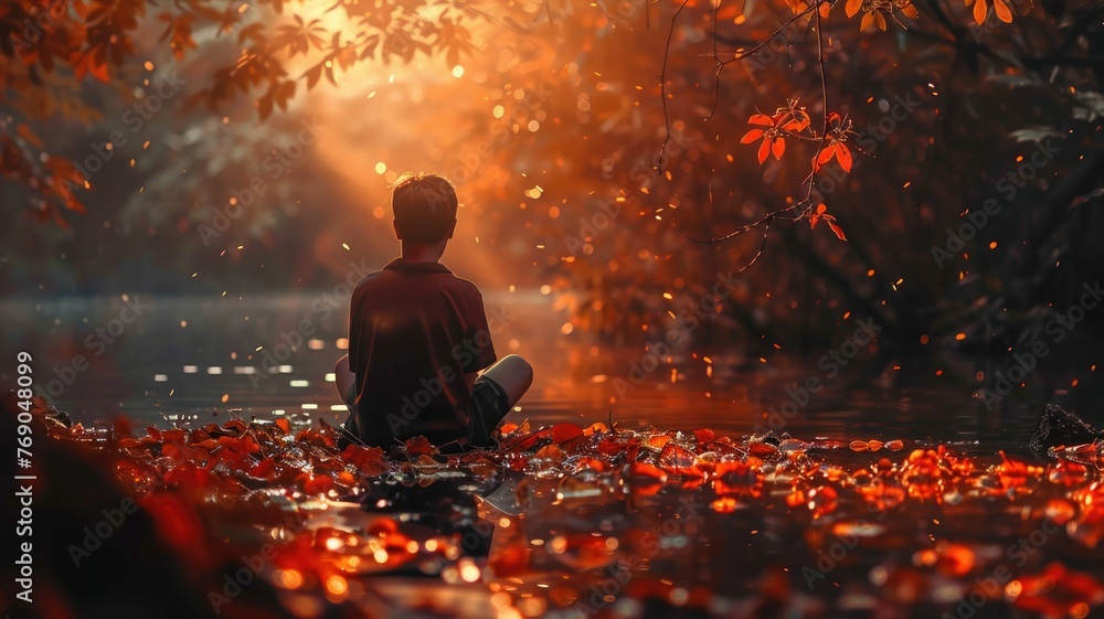 Person sitting by water at sunset - A tranquil scene featuring an individual in solitude, contemplating by a lakeside, during a vibrant sunset with autumn leaves - obrazy, fototapety, plakaty 