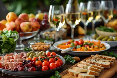 Sumptuous food arrangement with wine  fruits  and a variety of cheeses and meats on a rustic table for an opulent feast
