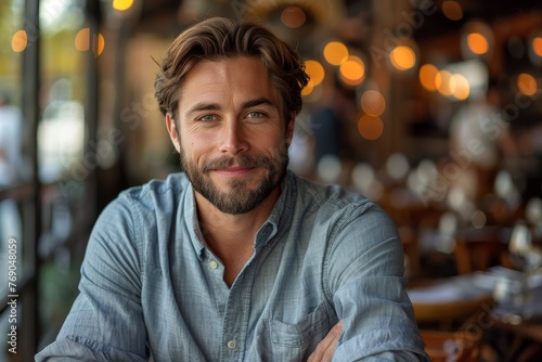 Confident man casually posing in a restaurant with a cozy, inviting atmosphere photo