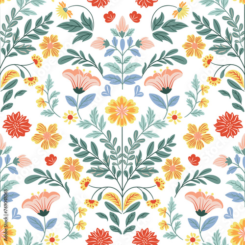 Seamless pattern with folk art design elements. Folk vector illustration with flowers on white background. Scandinavian traditional motif