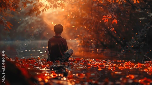 Person sitting by water at sunset - A tranquil scene featuring an individual in solitude, contemplating by a lakeside, during a vibrant sunset with autumn leaves