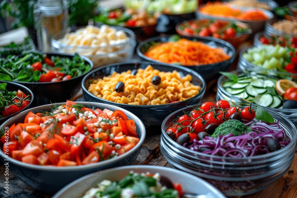 A vibrant display of various salads offering a feast for the eyes as well as the palate A vibrant display of various salads offering a feast for the eyes as well as the palate