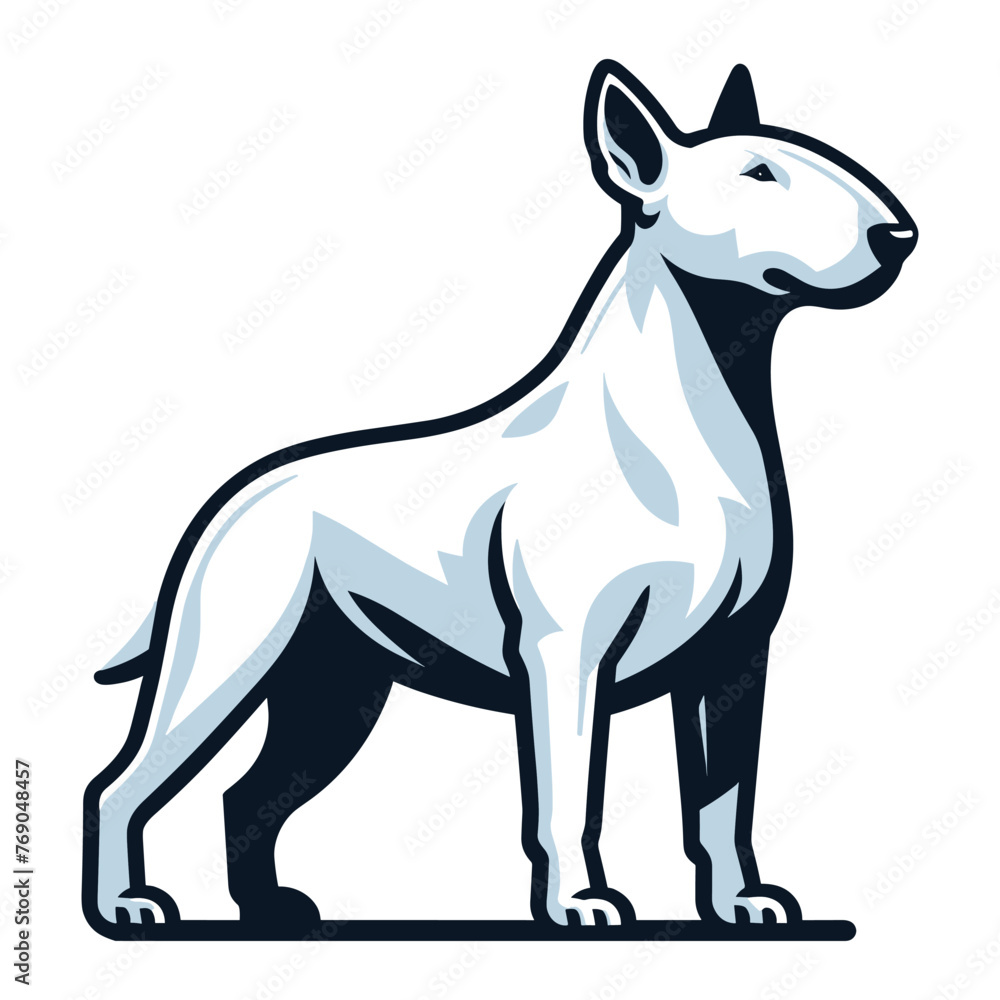 Bull terrier dog full body vector illustration, cute adorable funny pet animal, standing purebred dog concept design template isolated on white background