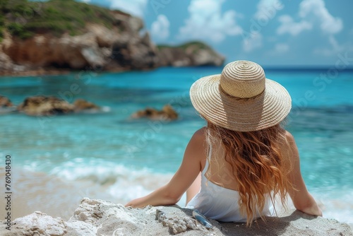 A sun-loving woman in a white dress places her hands on the sandy beach, facing the clear sea and rocky hills