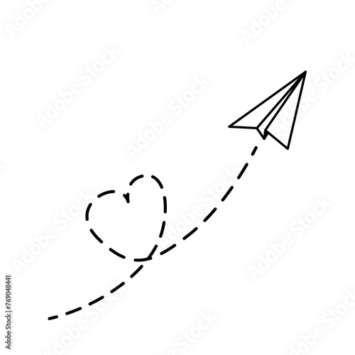 Black and white paper airplane. Coloring page with airplane and trail in form of heart. Vector